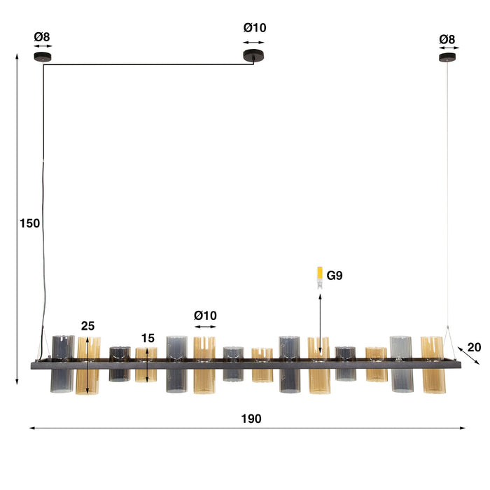 Giga Meubel - Hanglamp Gemixt Glas - 14-Lichts - 190x20x150cm