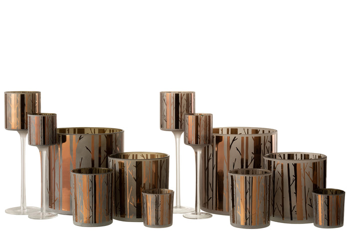 J-Line theelichthouder op boet Boom - glas - bruin - large - 2 stuks