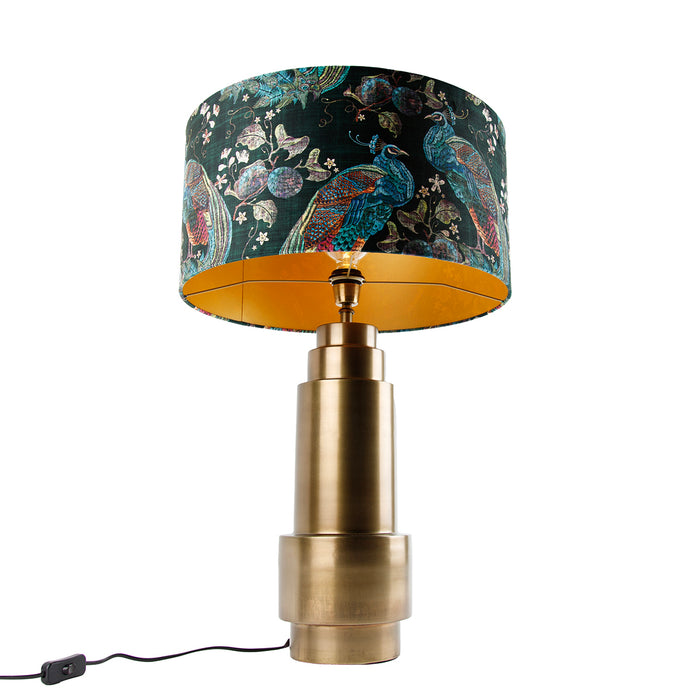 QAZQA Tafellamp brons velours kap pauw groen met goud 50 cm - Bruut
