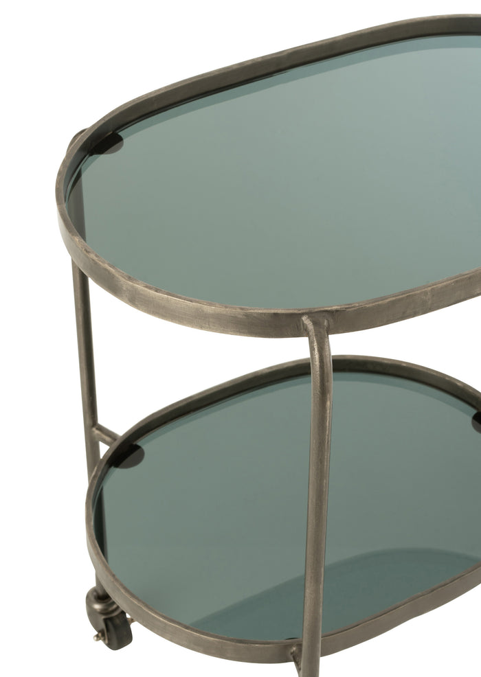 J-line - Serveerkar Ovaal 2niv Ijzer|glas Grijs - 74x42x84cm