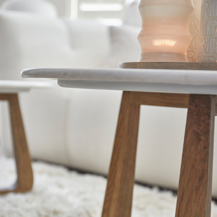 Rivièra Maison - Elegante ronde salontafel in crème marmer en eikenhout met afmetingen 42 cm hoog