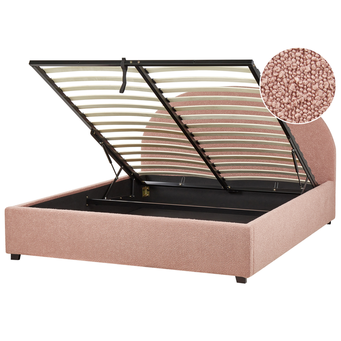 Beliani-VAUCLUSE-Bed met opbergruimte-Pastelroze-160 x 200 cm-Bouclé