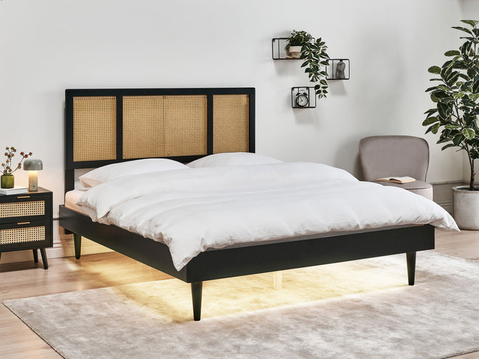 Beliani-AURAY-Tweepersoonsbed LED-Zwart-160 x 200 cm-Rubberhout