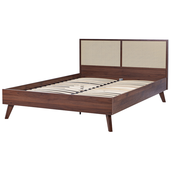 Beliani-MONPAZIER -Tweepersoonsbed-Donkerhout-160 x 200 cm-Rotan