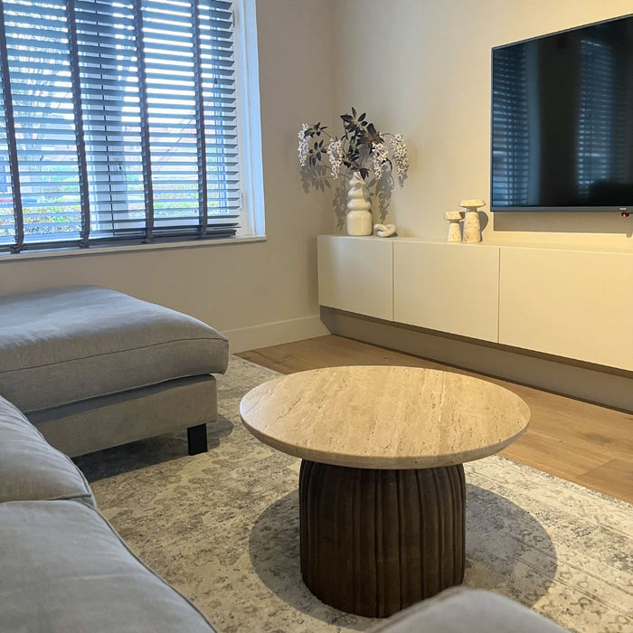 Giga Meubel - Salontafel Ø60cm Travertin - Bruin Houten Onderstel