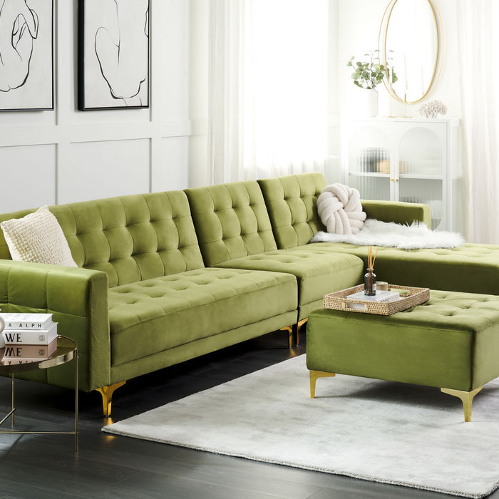 Beliani-ABERDEEN-Hoekbank modulair ottomaan-Olijfgroen-Links-Fluweel