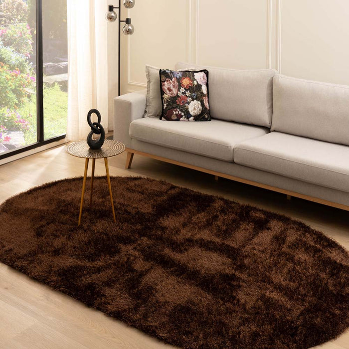 Tapeso Ovaal hoogpolig vloerkleed velvet - Posh donkerbruin - 240x340