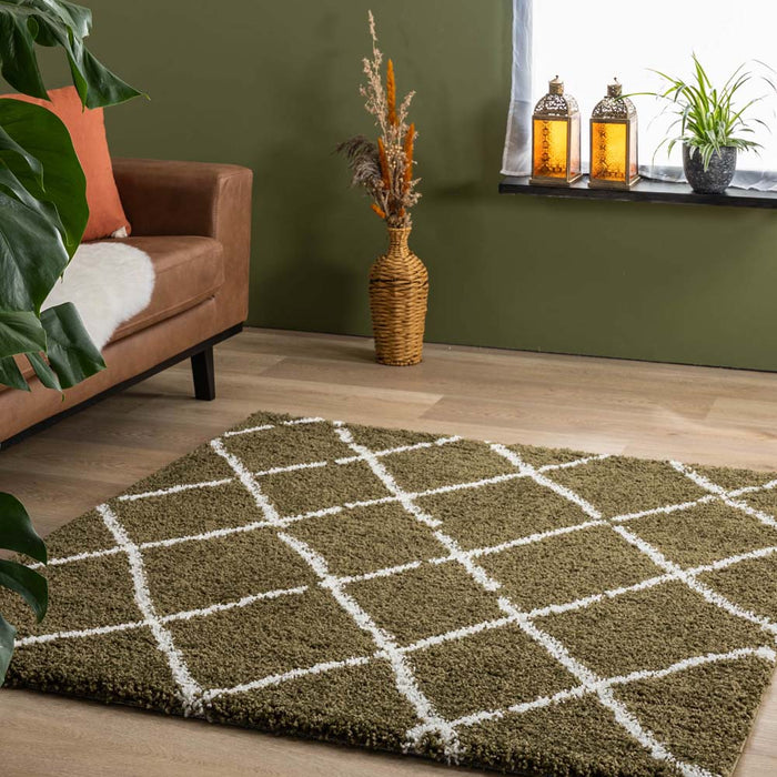 Boho&me Vierkant hoogpolig vloerkleed ruiten Artisan - olijfgroen|wit