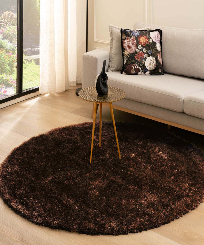 Tapeso Rond hoogpolig vloerkleed velvet - Posh donkerbruin - 200 cm