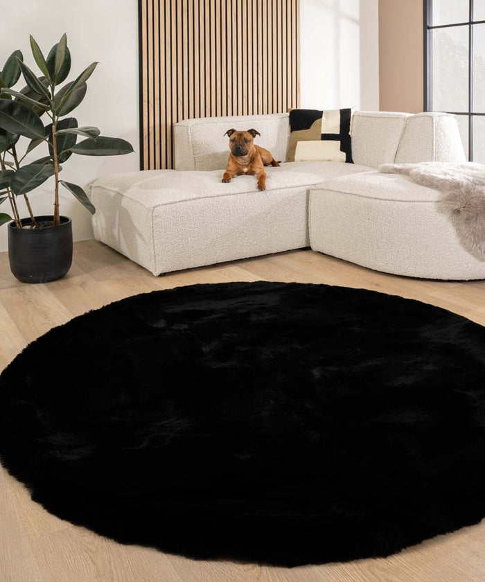 Tapeso Fluffy vloerkleed rond - Comfy Deluxe zwart - 200 cm