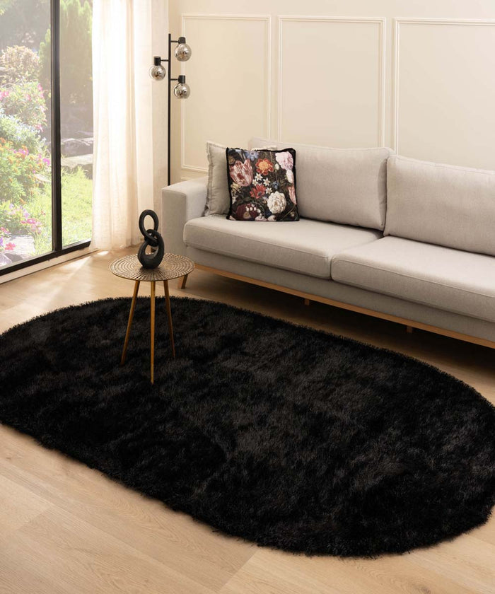 Tapeso Ovaal hoogpolig vloerkleed velvet - Posh zwart - 280x380 cm