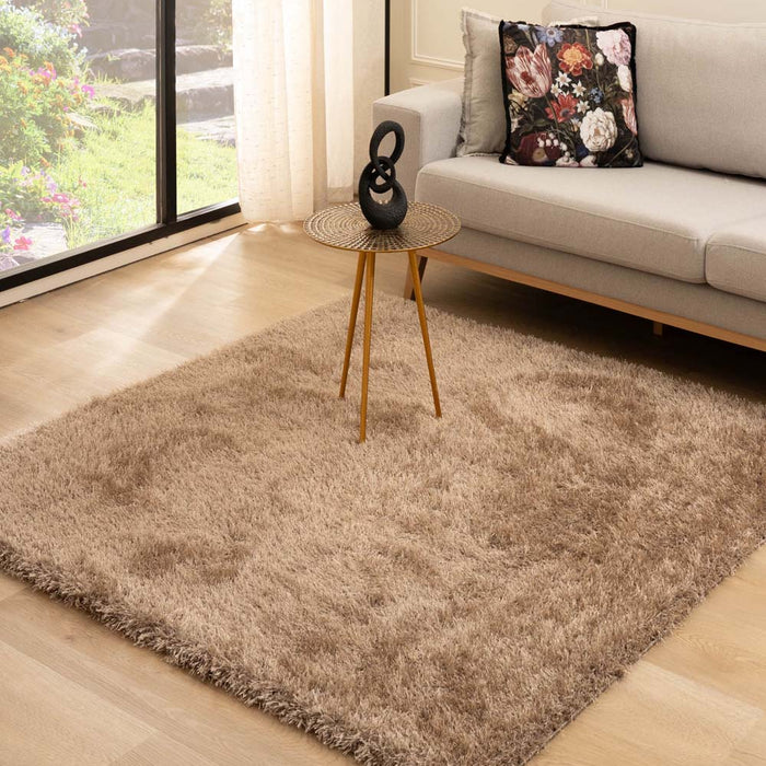 Tapeso Vierkant hoogpolig vloerkleed velvet - Posh beige - 140x140 cm