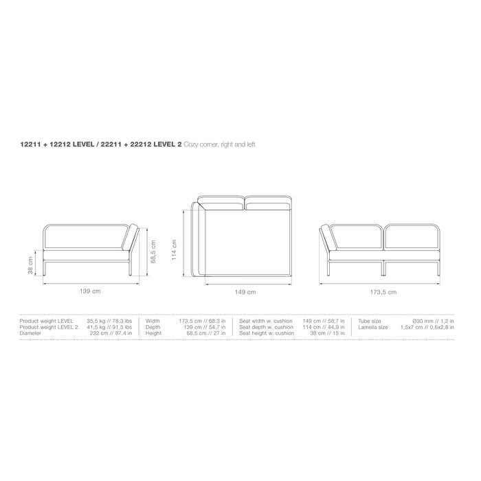 Houe Level2 Cozy Corner loungebank rechts frame wit stof Leaf