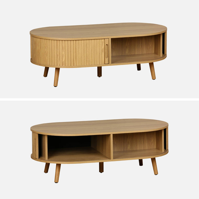 sweeek - Salontafel met schuifdeuren en vakken met houteffect, B 110cm