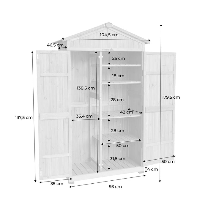 sweeek - 105 cm tuinhuisje in dennenhout, 6 opbergruimtes