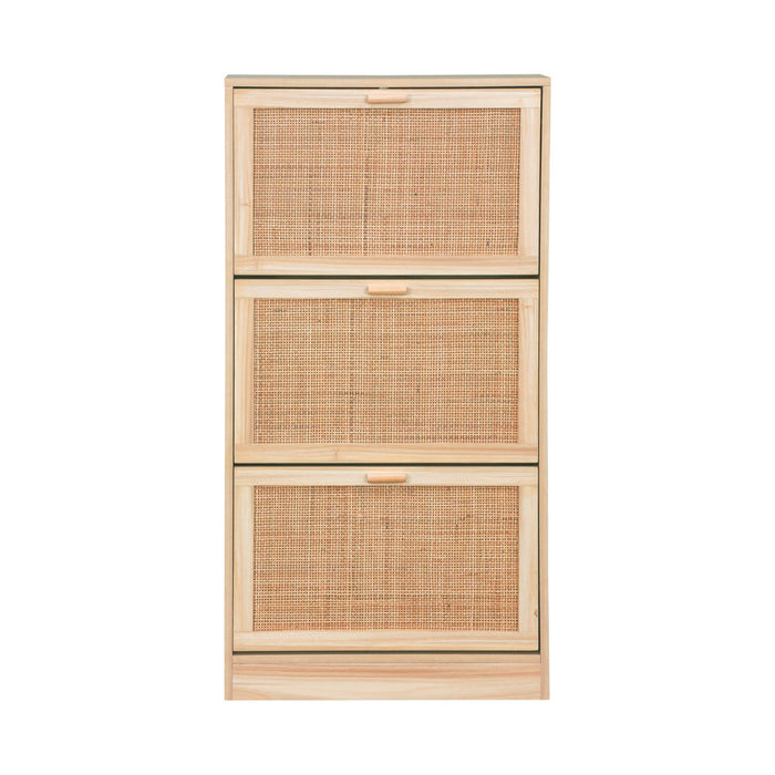 sweeek - Schoenenkast met 3 deuren, rotan en houten decor