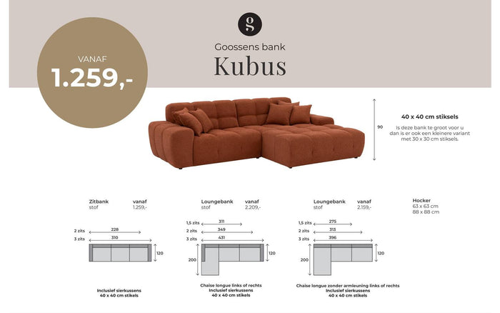 Goossens Bank Kubus - 40 x 40 cm stiksel