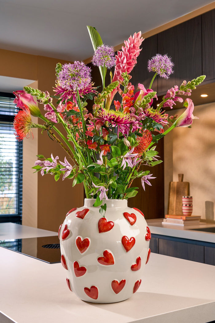 Mica Decorations Hearts Vaas - H33 x Ø30 cm - Keramiek - Wit, Rood