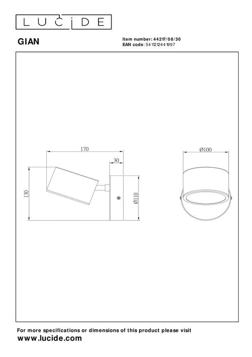 Lucide GIAN Wandlamp - Zwart
