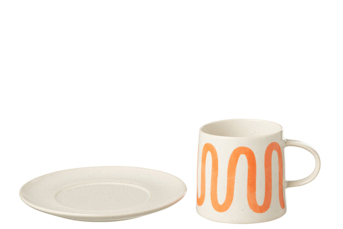J-Line kop + schoteltje Curve - porselein - oranje - 4 stuks