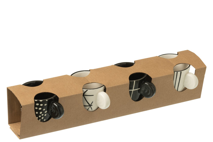 J-Line koffietas Met Oor + Bamboubasis - keramiek - wit|zwart - doos van 4