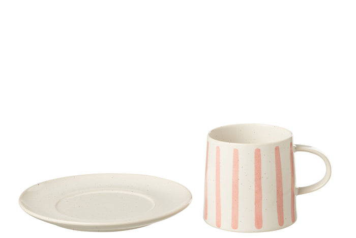 J-Line kop + schoteltje Lijn - porselein - roze - 4 stuks