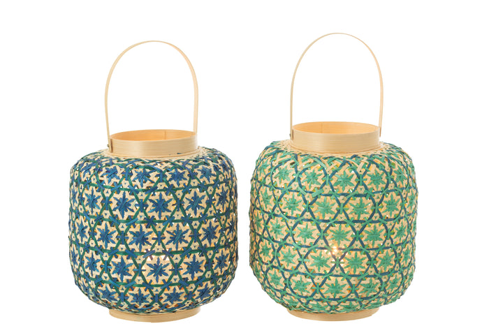 J-Line lantaarn Mozaïek Patroon - bamboe - donkerblauw|watergroen - 2 stuks