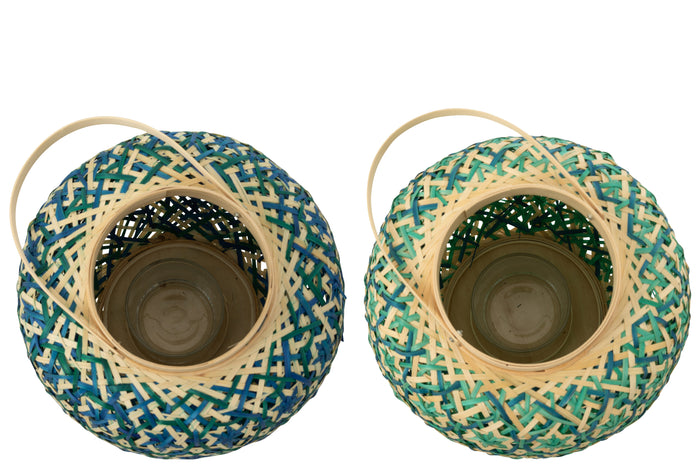 J-Line lantaarn Mozaïek Patroon - bamboe - donkerblauw|watergroen - 2 stuks