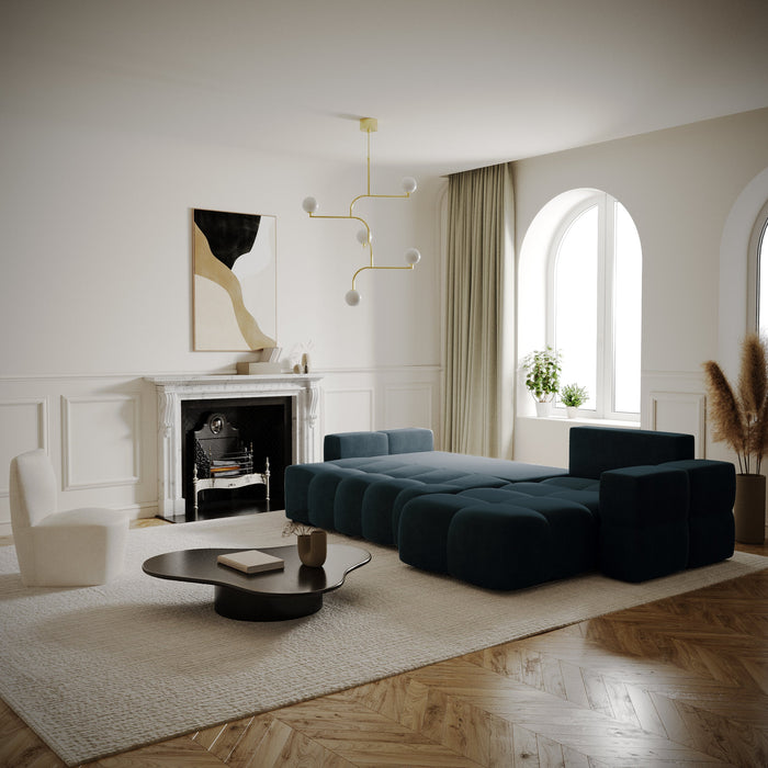 Pauwblauw fluwelen 5-zits rechthoekige slaapbank met commode