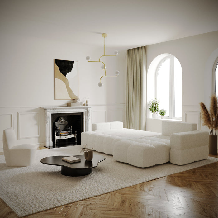 5-zits rechter hoekbank met boxzitting bouclette crème