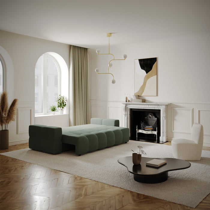 4-zits slaapbank in walnoten kast met olijfgroene geweven stof