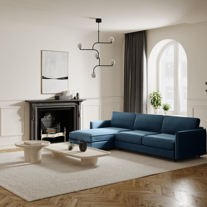 Slaapbank links hoekmatras blauw grijs weef 140cm