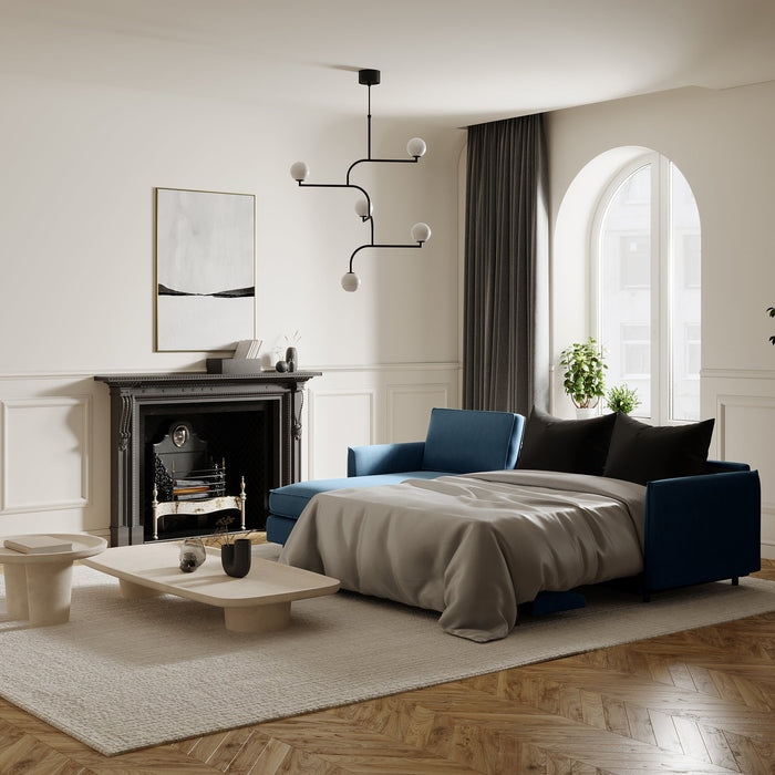 Slaapbank links hoekmatras blauw grijs weef 140cm