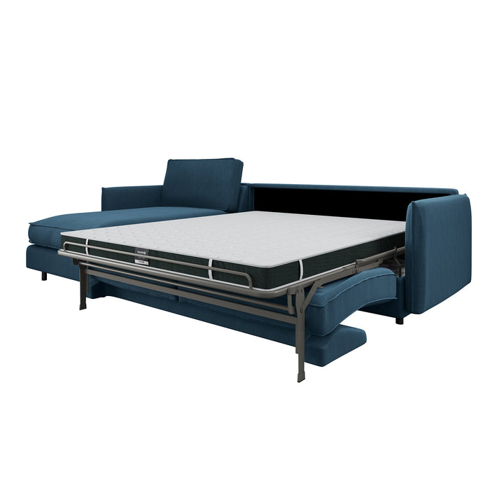 Slaapbank links hoekmatras blauw grijs weef 140cm