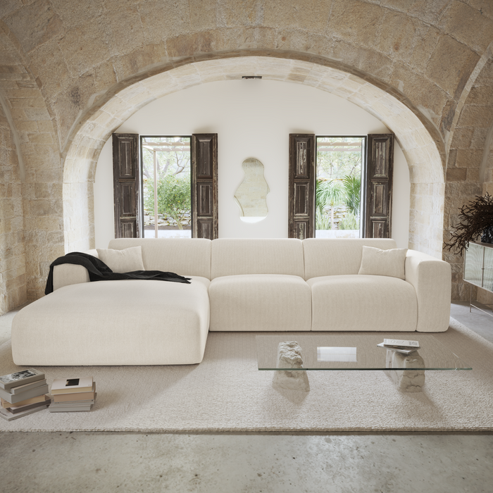 Hoekbank links dunlopillo crème ribfluweel 140cm