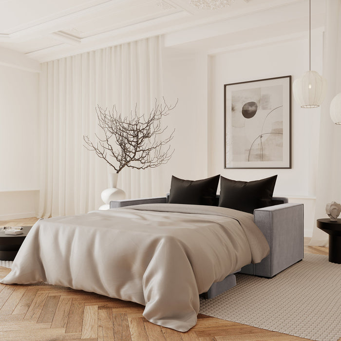 Slaapbank met lichtgrijs fluwelen matras 140cm