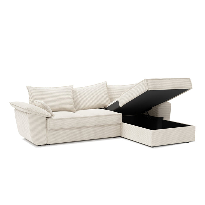 Rechte hoekbank met box cabrio in crème ribfluweel 257cm