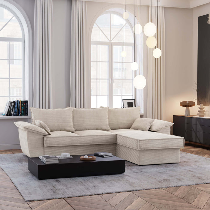 Rechte hoekbank met box cabrio in crème ribfluweel 257cm