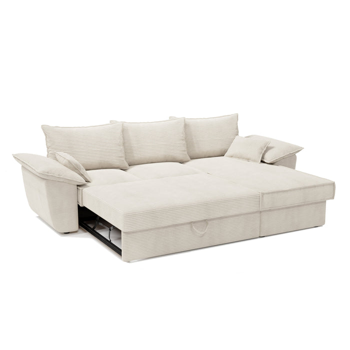 Rechte hoekbank met box cabrio in crème ribfluweel 257cm