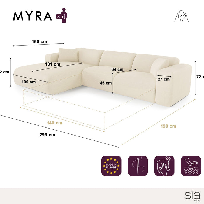 Hoekbank links dunlopillo crème ribfluweel 140cm