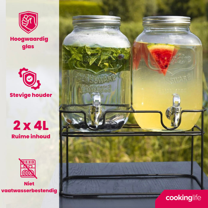 Cookinglife Dubbele Drankdispenser - met houder - 2 x 4 liter