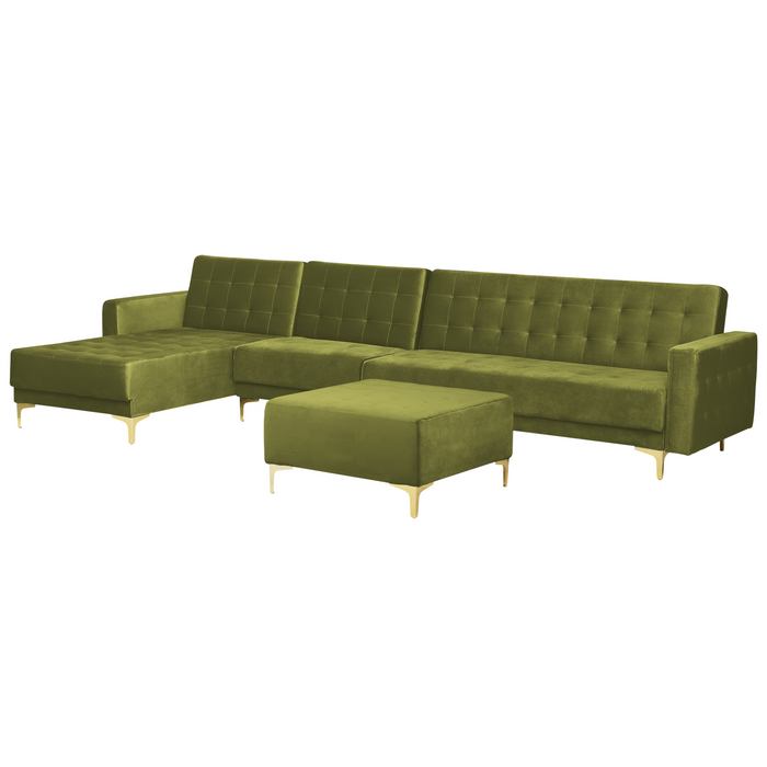 Beliani-ABERDEEN-Hoekbank modulair ottomaan-Olijfgroen-Rechts-Fluweel