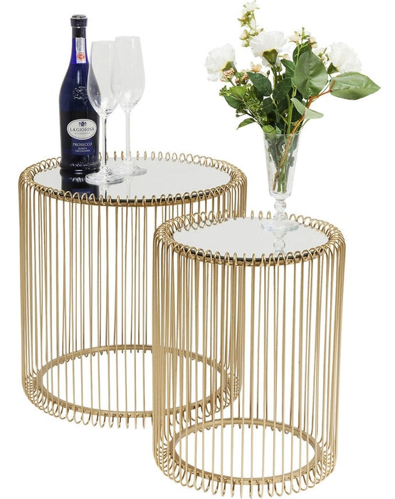 Kare Design Wire Bijzettafel Hoog - Set Van 2 - Messing Met Glas