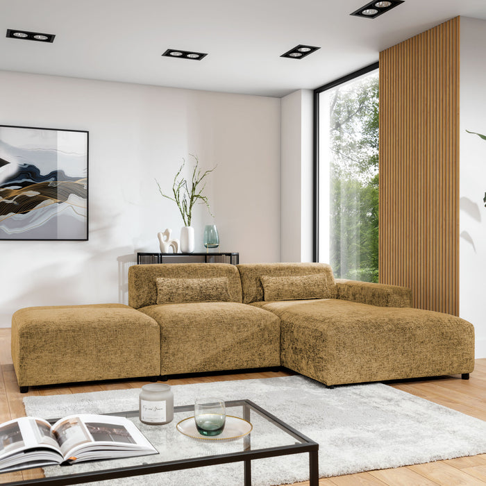 by fonQ Velura Hoekbank Rechts met Hocker - Chenille - Oker