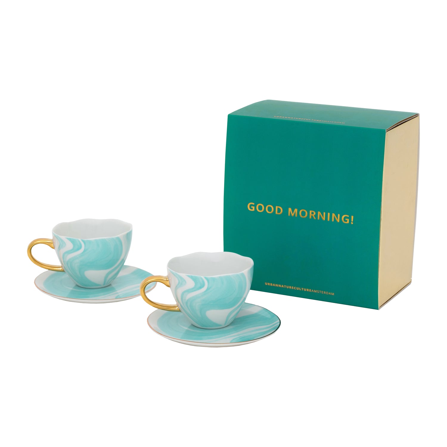 Urban Nature Culture Good Morning Kop Cappuccino/Thee en Bord Valuri Emerald Green - Set van 4 - In Geschenkverpakking