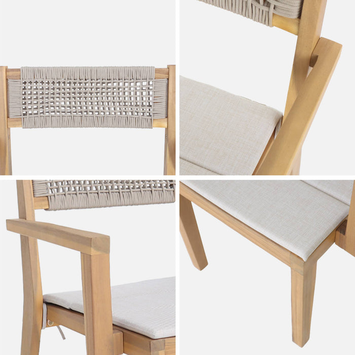 sweeek - Set van 4 acaciahouten tuinstoelen met kussen en touw