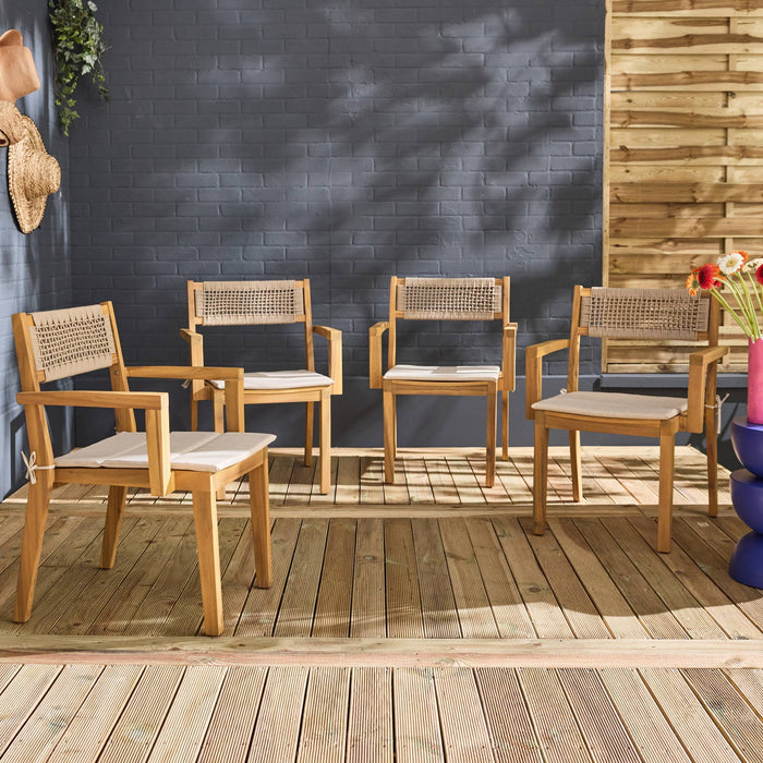 sweeek - Set van 4 acaciahouten tuinstoelen met kussen en touw