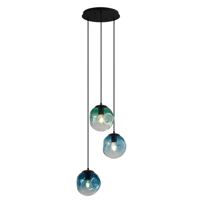 QAZQA Art deco hanglamp zwart met blauw en groen glas 3-lichts -