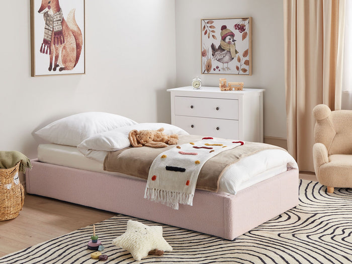 Beliani - DINAN - Eenpersoonsbed - Pastelroze - 90 x 200 cm - Bouclé