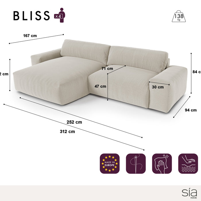 Sofa linkerhoek fluweel crème 310cm